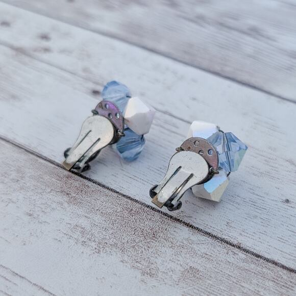Vintage Clip On Earrings Blue, White, Iridescent - Picture 3 of 5